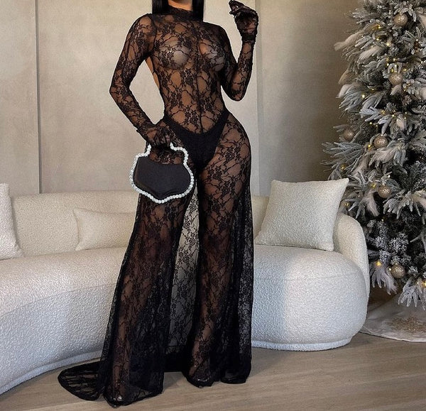 Women Sexy Black Lace Glove Full Sleeve Open Back Asymmetrical Jumpsuit
