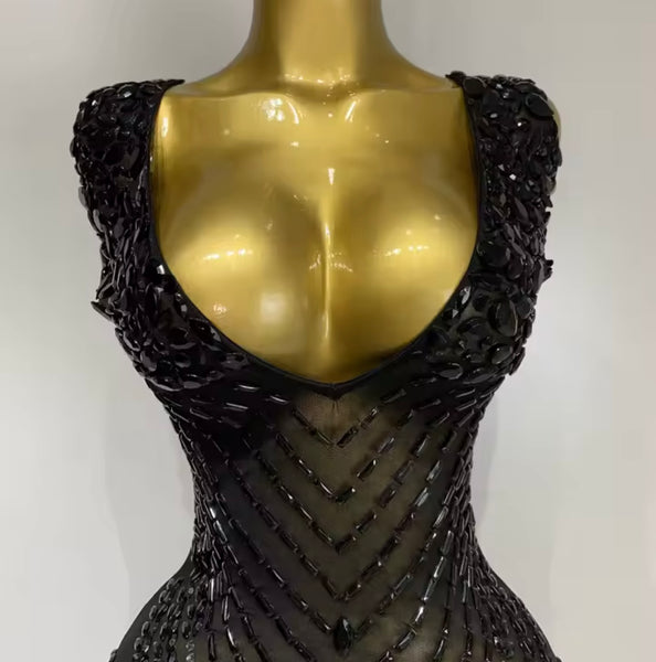 Women Sexy Sleeveless Sparkly Rhinestone Mesh Dress