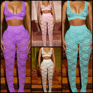 Women Sexy Sleeveless Color Crop Lace Two Piece Pant Set