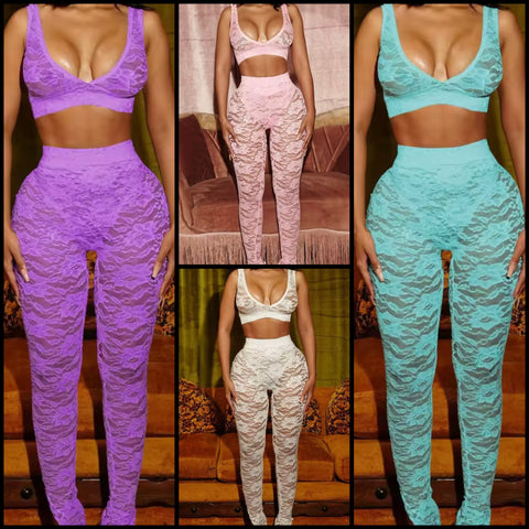 Women Sexy Sleeveless Color Crop Lace Two Piece Pant Set