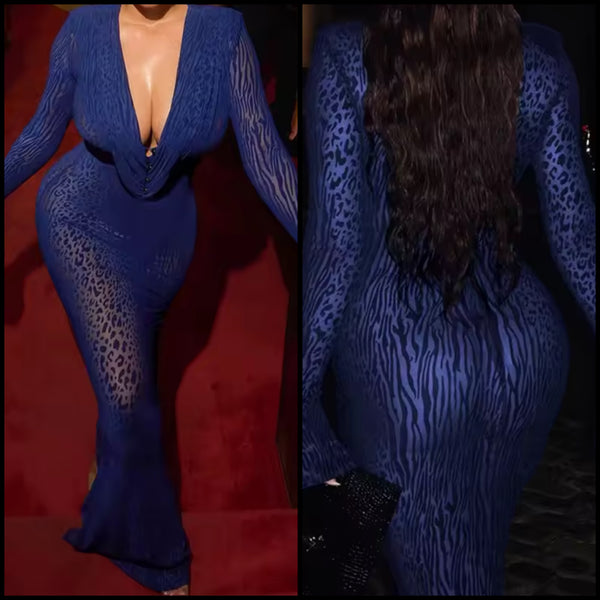 Women Sexy Blue Printed Mesh Full Sleeve Maxi Dress