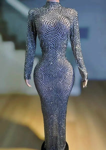 Women Sexy Bling Rhinestone Full Sleeve Mesh Maxi Dress