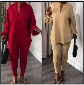 Women Fashion Solid Color Full Sleeve Tunic Top Two Piece Pant Set