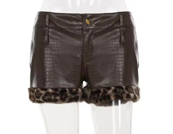 Women Fashion Leopard Fur Patchwork Faux Leather Shorts