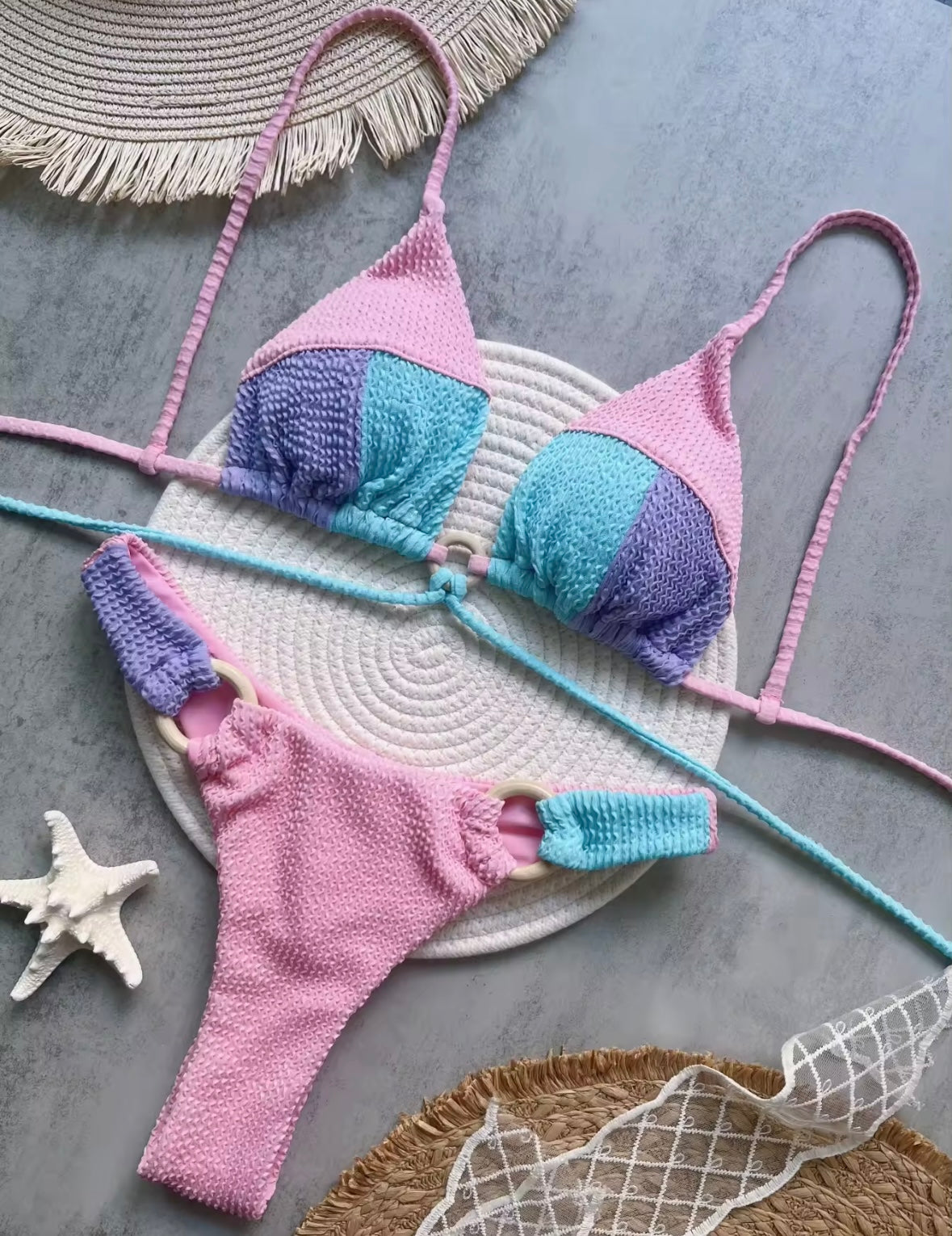 Women Sexy Halter Tie Up Color Patchwork Bikini Swimsuit