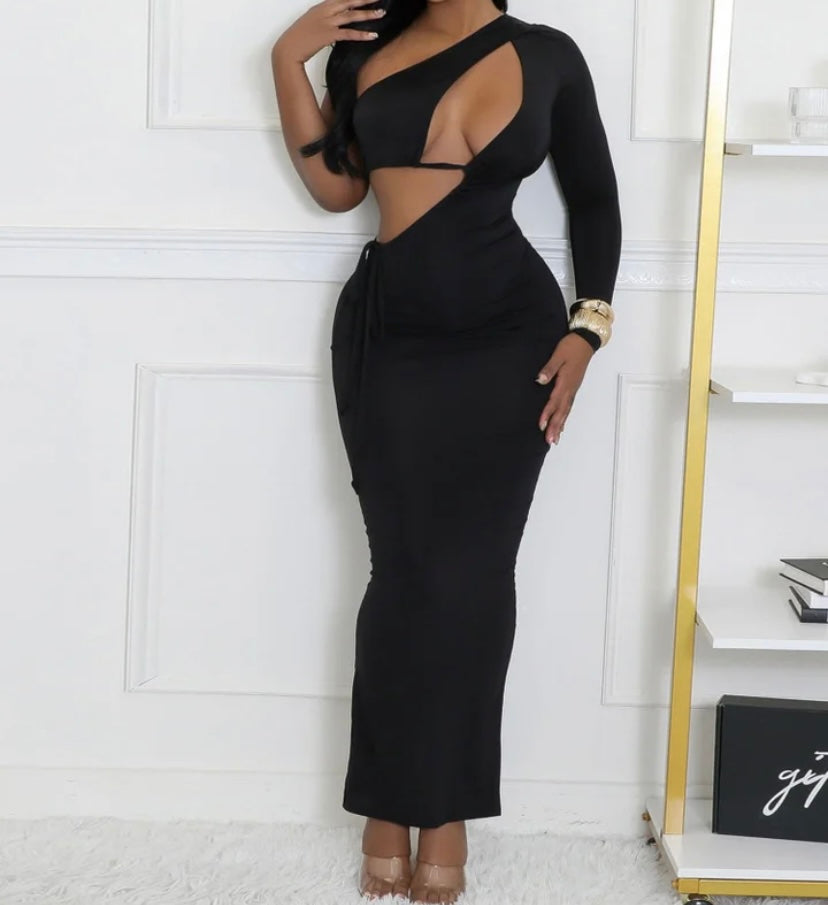 Women Sexy Solid Color One Shoulder Full Sleeve Maxi Dress