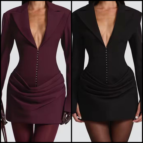 Women Sexy V-Neck Full Sleeve Ruched Corset Dress