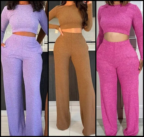 Women Solid Color Full Sleeve Crop Fashion Two Piece Pant Set