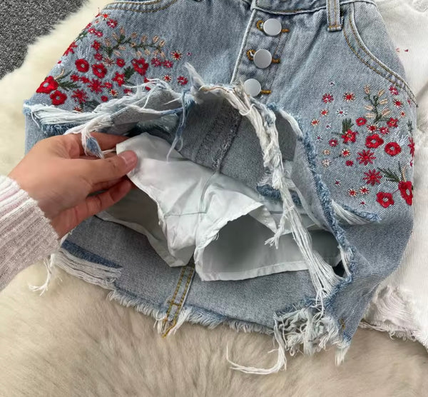 Women Fashion Embroidered Floral Ripped Denim Skirt