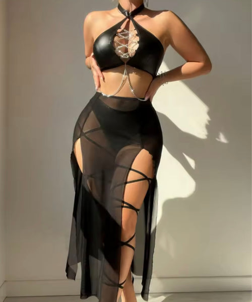 Women Sexy PU Halter Chain Black Mesh Lingerie Set