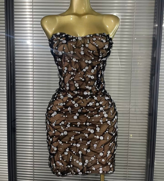 Women Sexy Strapless Rhinestone Mesh Dress