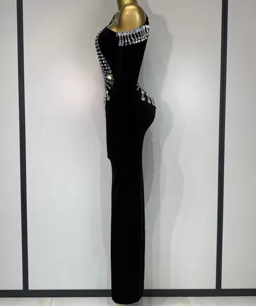Women Sexy Black Bling Crystal Halter Full Sleeve Maxi Dress