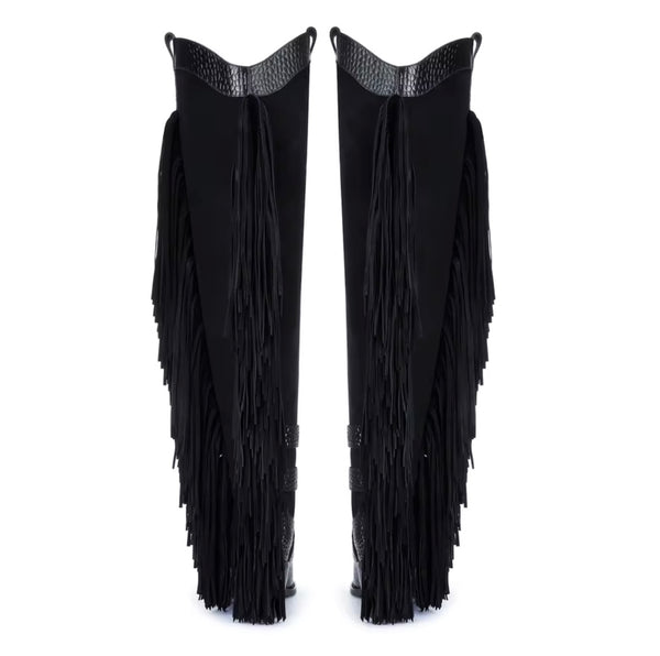 Women Fashion Fringe Buckled Knee High Western Boots