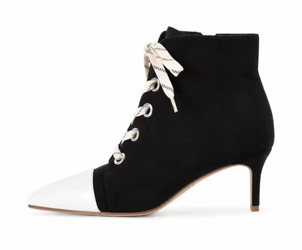Women Fashion Pointed Toe Color Patchwork Tie Up Ankle Boots