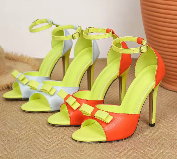 Women Bow Open Toe Color Patchwork Ankle Strap High Heels