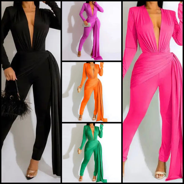 Women Sexy Deep V-Neck Full Sleeve Asymmetrical Jumpsuit