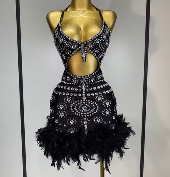 Women Sexy Halter Sleeveless Cut Out Rhinestone Feather Dress