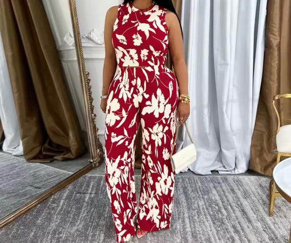 Women Sleeveless Color Floral Print Two Piece Pant Set