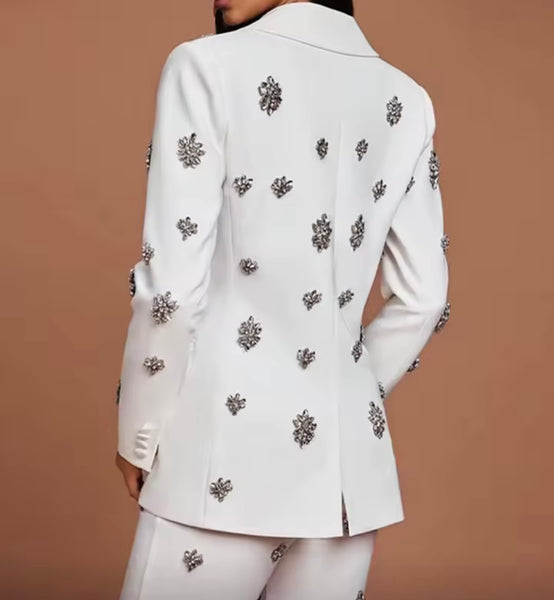 Women Rhinestone Full Sleeve Blazer Two Piece Fashion Pant Set