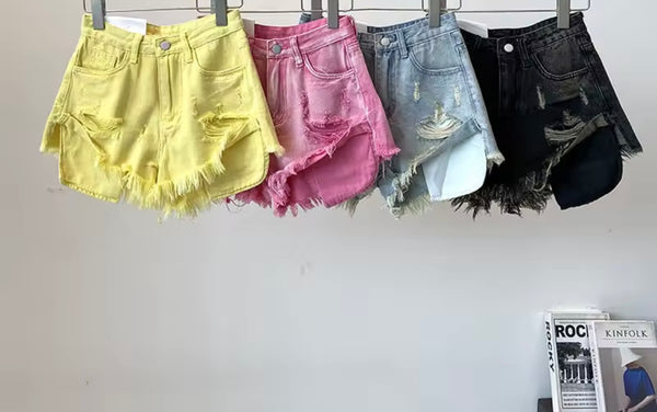 Women Sexy Fashion Color Ripped Denim Shorts