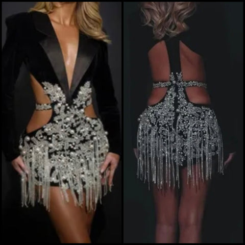 Women Sexy Full Sleeve Black Crystal Bling Tassel Blazer Dress