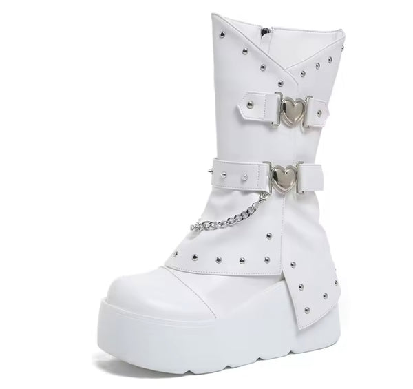Women Heart Rivet Chain Zip Up Platform Ankle Boots
