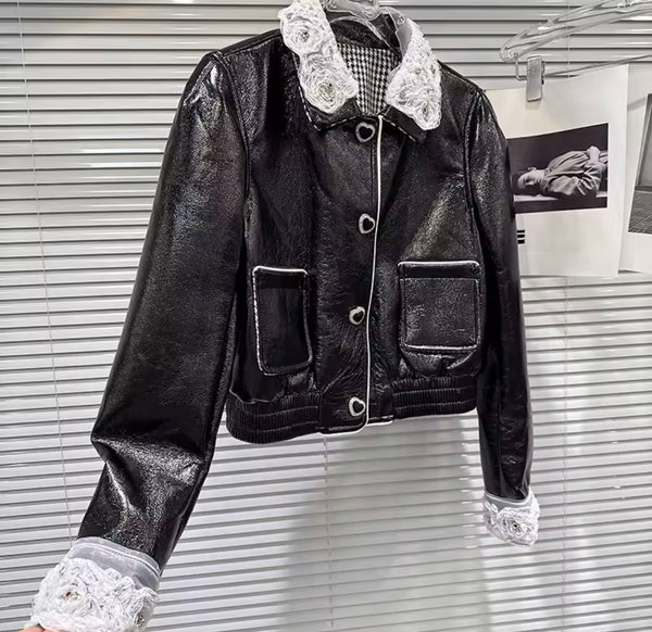 Women B&W Lace Faux Leather Heart Button Up Jacket
