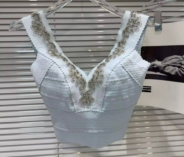 Women Sleeveless Rhinestone Embroidery Crop Top