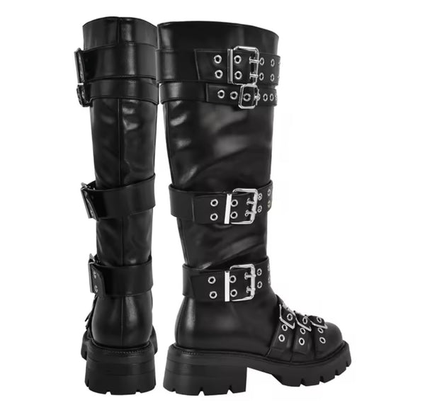 Women Black Buckled Round Toe Fashion Flat Knee High Boots