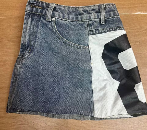 Women Sexy Fashion Color Number Print Ripped Denim Skirt