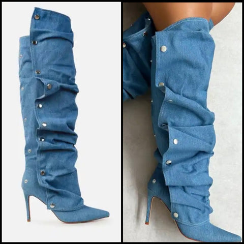 Women Fashion Pointed Toe High Heel Button Denim Boots