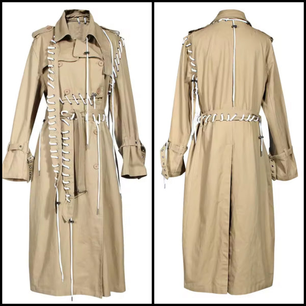 Women Fashion Khaki Lace Up Trench Jacket