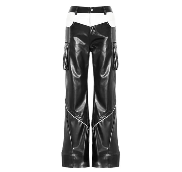 Women Fashion B&W Faux Leather Cargo Pants