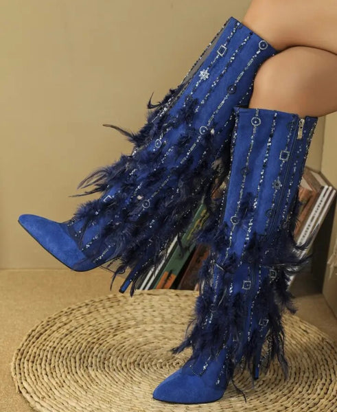 Women Fashion Feather Sequins Suede Knee High Boots