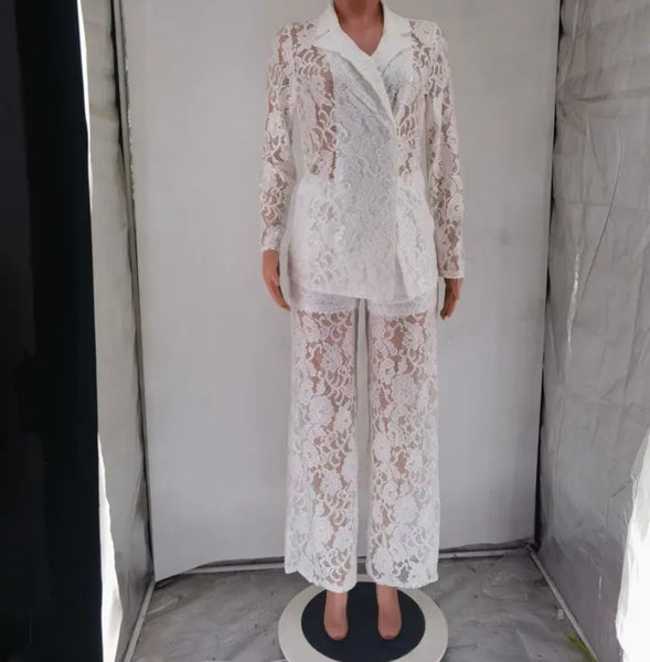 Women Sexy Fashion Full Sleeve Lace Blazer Two Piece Pant Set