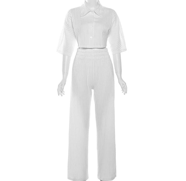 Women Sexy Solid Color Button Up Short Sleeve Crop Two Piece Pant Set