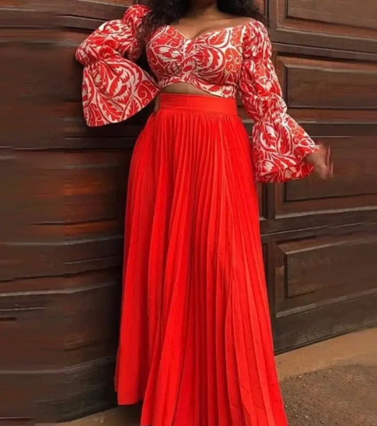 Women Fashion Printed Full Sleeve Two Piece Pleated Maxi Skirt Set