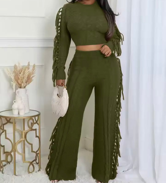 Women Fringe Fashion Full Sleeve Sweater Two Piece Pant Set