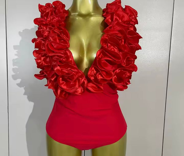 Women Sexy Ruffle Sleeveless Bodysuit Two Piece Asymmetrical Skirt Set