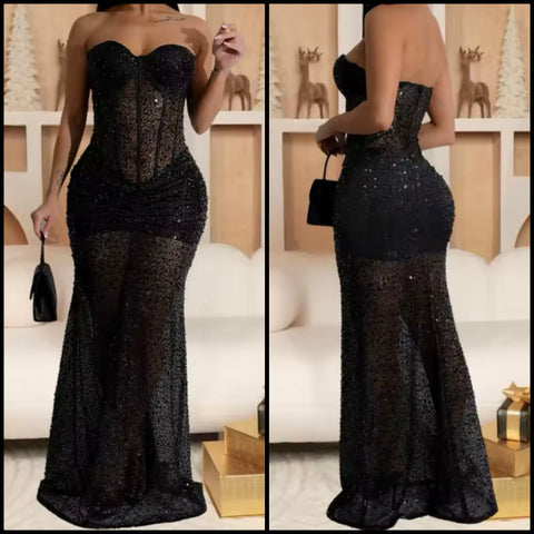 Women Black Strapless Sexy Sequins Mesh Maxi Dress