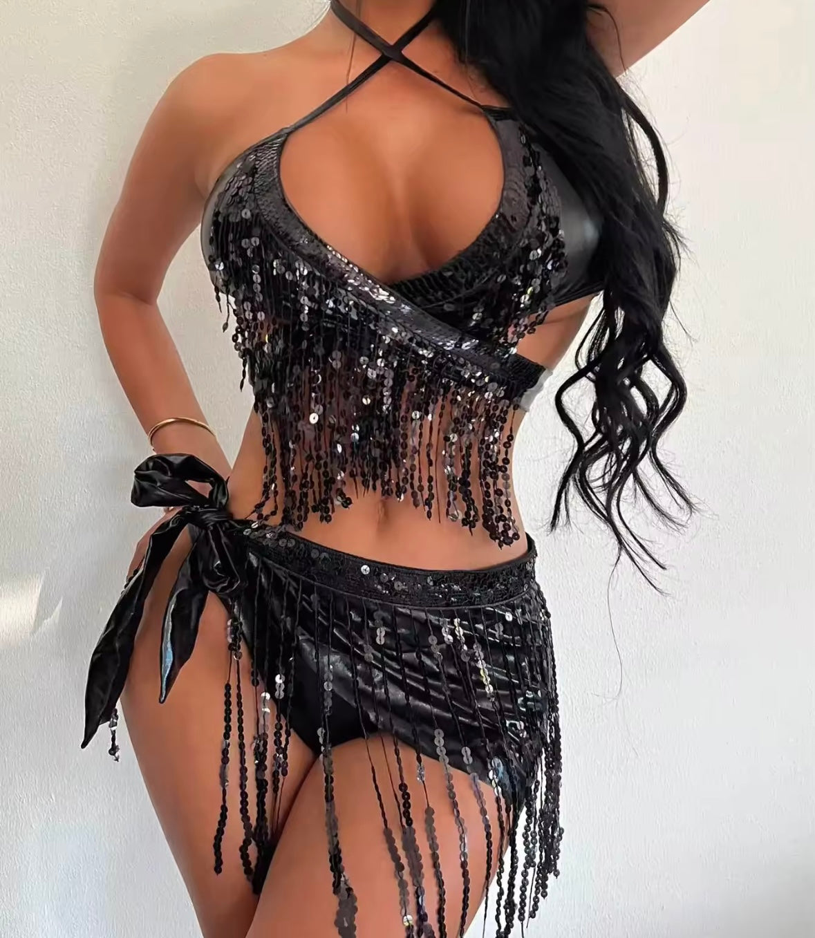 Women Sexy Metallic Sequins Bikini Cover Up Set