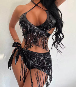 Women Sexy Metallic Sequins Bikini Cover Up Set