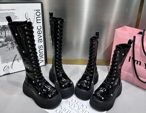 Women Fashion Platform Rhinestone Lace Up Ankle/Mid-Calf Boots