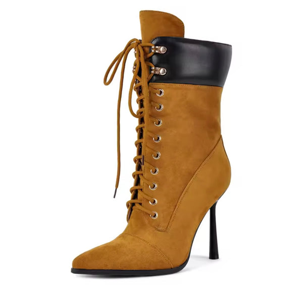 Women Fashion Color Pointed Toe Lace Up High Heel Ankle Boots