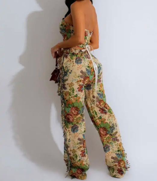Women Sexy Fashion Strapless Floral Print Fringe Two Piece Pant Set