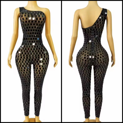 Women One Shoulder Sleeveless Black Mirror Mesh Jumpsuit
