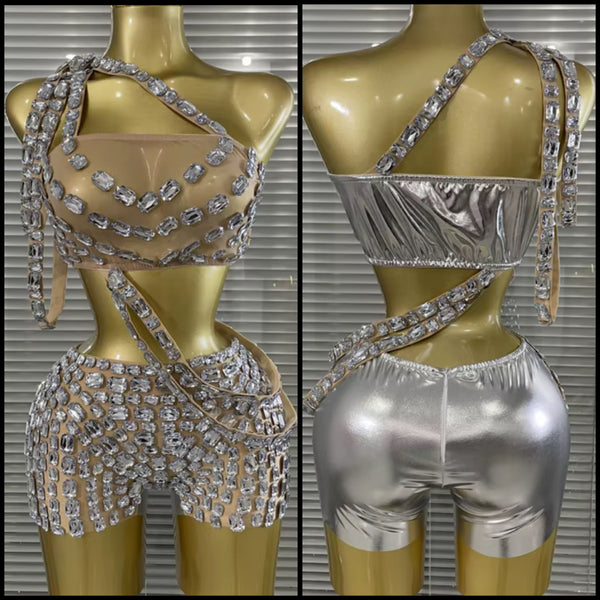 Women One Shoulder Sleeveless Rhinestone PU Mesh Two Piece Short Set