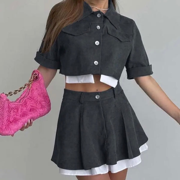 Women Sexy Button Up Short Sleeve Two Piece Pleated Skirt Set