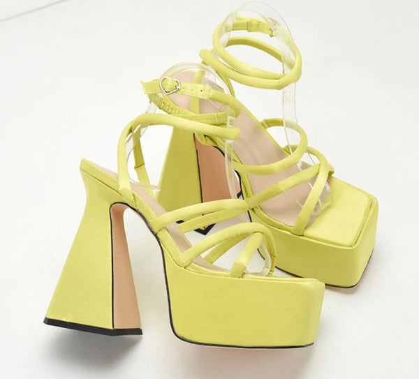 Women Fashion Square Toe Color Platform Ankle Strap Sandals