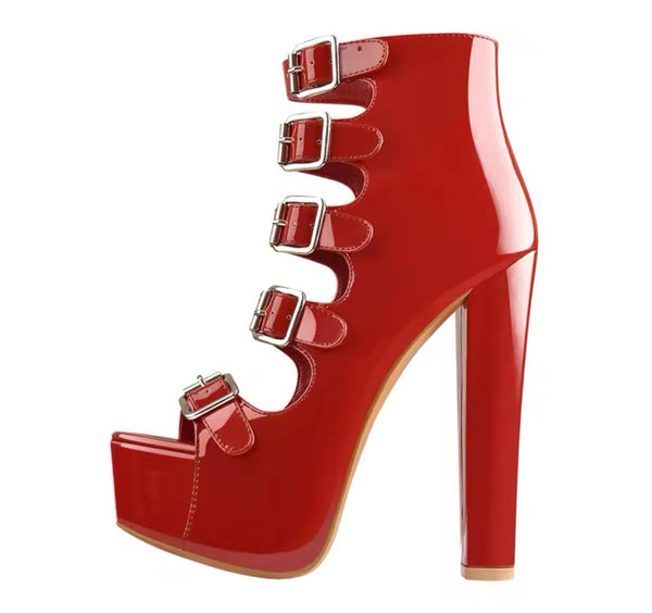 Women Open Toe Buckled Patent Leather Ankle Sandals